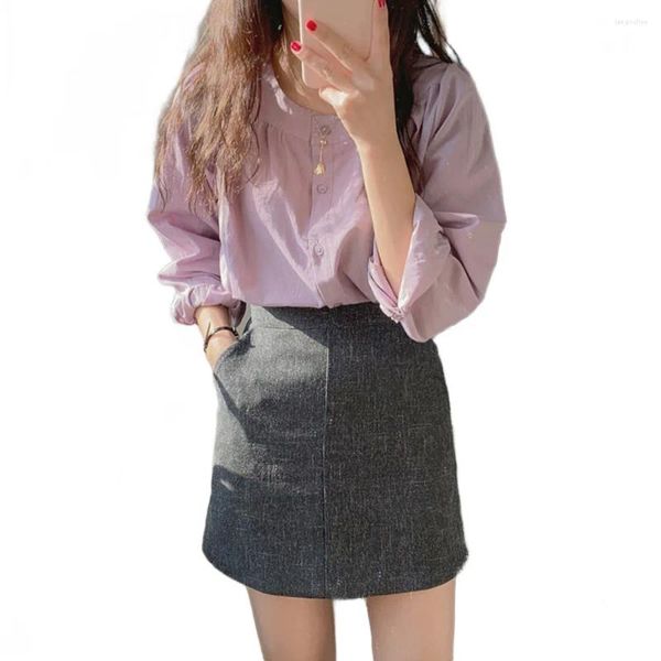 Blusas para mujeres 2023 coreano elegante Camisa de un solo pecho de cuello redondo de otoño