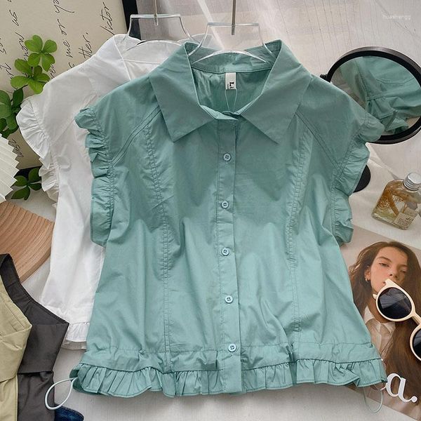 Blusas de mujer 2023 coreano Chic camisa de verano para mujer manga voladora cuello de solapa un solo pecho sin mangas suelta ajuste blanco camiseta sin mangas