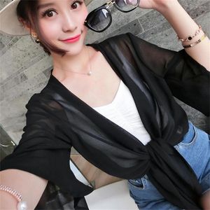 Blouses pour femmes 2023 Coréen Été Femmes Wrap Veste Demi Manches Sheer Doux En Mousseline De Soie Chemise Haussement Cardigan Pour Manteau De Fête PZ4576