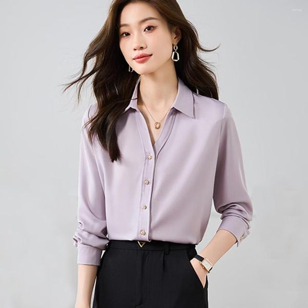 Blouses pour femmes 2023 loisirs blanc violet chemises bouton revers solide Satin haut dame à manches longues bureau OL chemise femmes automne Blusas