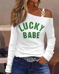 Blusas de mujer 2023 Ninimour Mujeres Lucky Babe Imprimir Hombro frío Top Estilo asimétrico Manga larga Sexy Flaco Jersey blanco Camisetas
