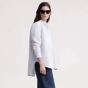 Blusas de mujer 2023 Camisa de manga larga de algodón a rayas azul marino de verano nórdico