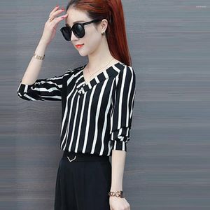 Blouses Femmes 2023 Bureau pour femmes Mode Business Casual Trois quarts manches Chemises Loisirs Stripe Élégant Dames Plus Taille Tops