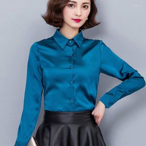 Women's Blouses 2023 Peacock Blue Satin Shirt Vrouwen met lange mouwen Silk Work Wear Uniform Office Top