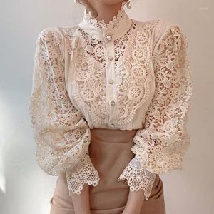 Damesblouses 2023 Bloemblaadjesmouw Opstaande Kraag Uitgehold Bloem Kant Patchwork Shirt Femme Blusas All-Match Vrouwen Blouse Knoop Witte Top