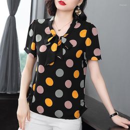 Blusas De Mujer 2023, blusa De chifón De lunares, camisa De manga corta con cuello en V y lazo para Mujer, blusa negra holgada De gran tamaño para Mujer, Blusas De Mujer De