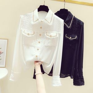 Women's Blouses 2023 Runway Designer Autumn Shirt Top Fashion Women Tweed Patchwork Chiffon Gold Single Breasted Tassel Weave