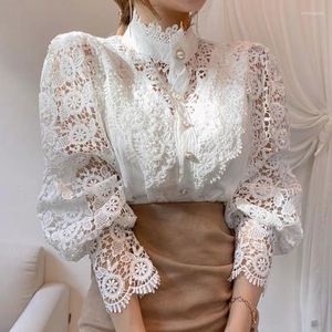 Women's Blouses 2023 Sleeve Stand Kraag Hollow Out Flower Lace Patchwork Shirt Femme Blusas All-Match Dames Blouse Button White Top