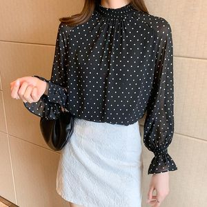 Blusas de mujer 2023 primavera y otoño moda elegante cuello redondo lunares negro chifón estampado manga trompeta pulóver camisa mujer