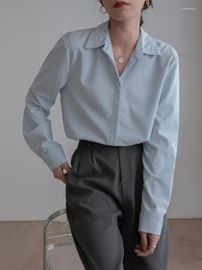 Blusas de mujer 2023 Primavera y verano Moda coreana Camisa suelta Mujer Azul claro Manga larga Señoras Camisas de oficina de color sólido simple