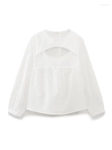 Blouses pour femmes 2023 printemps et été vêtements pour femmes mode décontracté col rond longue rétro ouverture Design dentelle décoration haut