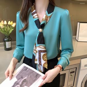 Women's Blouses 2023 Spring herfst Minority Style V-Neck Blouse Koreaanse witte lange mouw Fashion Tops Tie Chiffon T-shirt voor vrouwelijke kleding