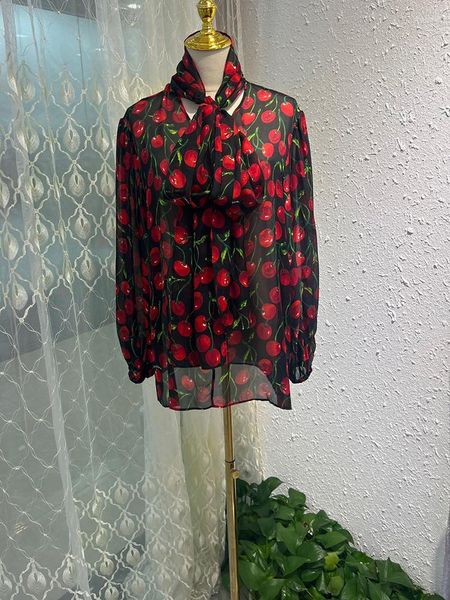 Blusas de mujer 2023 primavera otoño seda mujer camisa bufanda cuello moda cereza flor estampado Elagnt Lady High Street