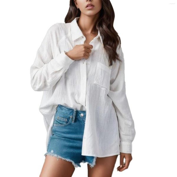 Blouses pour femmes 2023 printemps automne simple solide blanc chemise de base mode revers à manches longues boutonné lâche femme chemisier vêtements hauts