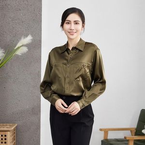 Women's Blouses 2023 Spring Autumn Women's 93% Real Silk High End Shirts Army Green Turn Down Collar Casual Tops