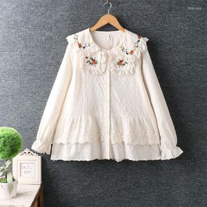 Women's Blouses 2023 Leer Spring herfst Dameskleding Zoete kleine verse borduurwerkpolkraag witte top met lange mouwen losse shirt