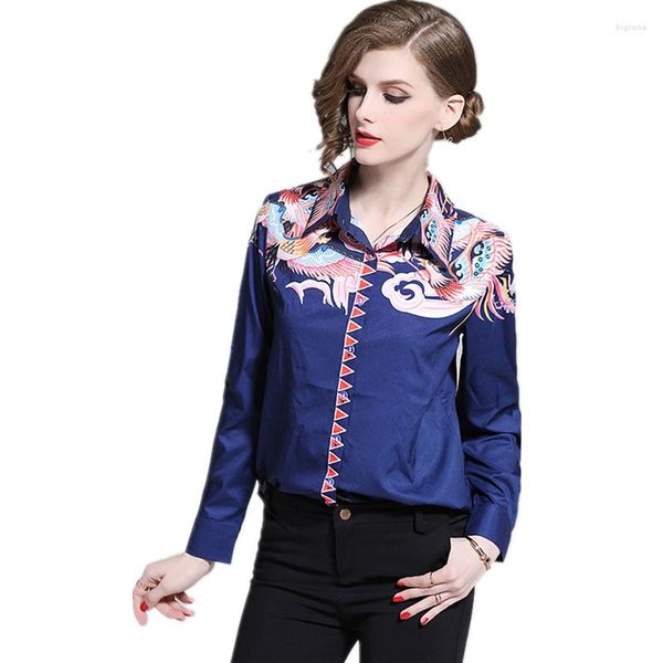 Blouses pour femmes 2023 printemps automne femmes à manches longues Blouse de haute qualité Designer rétro magnifique imprimé bleu marine chemise décontracté hauts