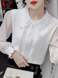 Chemisiers pour femmes 2023 printemps conception sens mignon poupée col chemise blanche femmes doux élégant à manches longues en mousseline de soie Blouse haut bureau dame Blusas