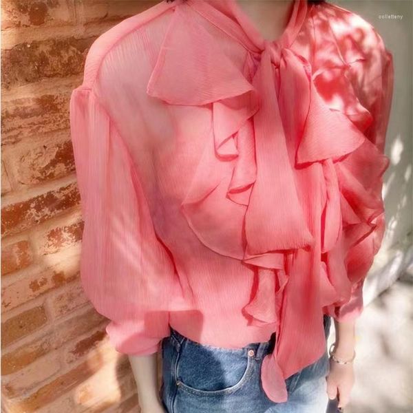 Blusas para mujer, camisa elegante con lazo de encaje de volantes, regalo rosa, Top con tirantes interiores, perspectiva fina, ropa informal para mujer 2023