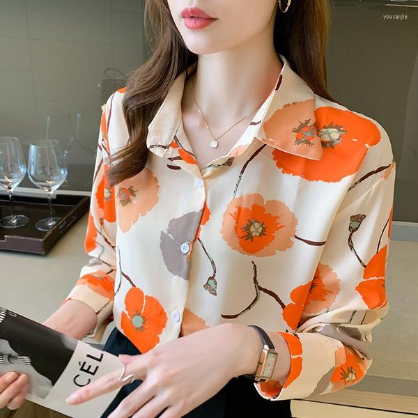 Blusas de Mujer 2023 primavera otoño camisa de gasa con estampado Floral de manga larga Mujer Casual abotonada solapa Oficina señoras Tops Blusas Mujer