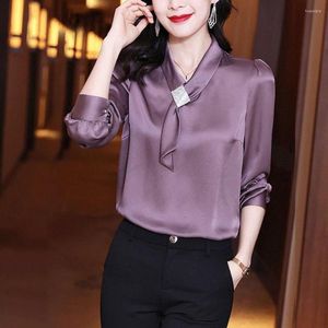 Blouses pour femmes 2023 printemps automne bureau dame femmes marine violet Imitation soie haut Blouse femme vêtements élégant 3xl et hauts