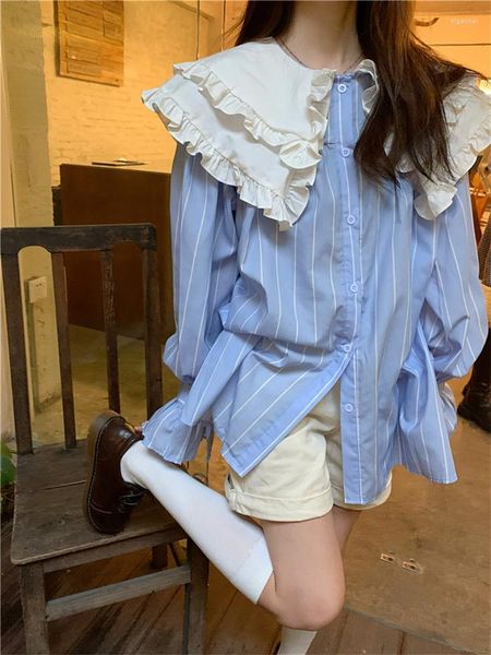 Blouses pour femmes 2023 printemps mode Chic Style coréen surdimensionné chemises décontractées en bois oreille poupée col rayure à manches longues Blouse pour les femmes