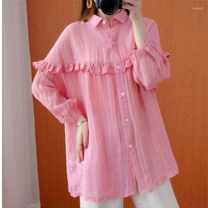 Blouses voor dames 2023 Leermode plus size dames kleding revers revers negen kwart mouwen ruche stiksel geplooide katoen en linnen shirt top