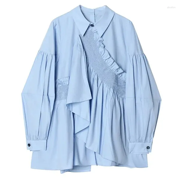 Blouses pour femmes 2023 printemps mode femme à manches longues bleu haut femme vêtements Chic élégant femmes chemise irrégulière coréenne