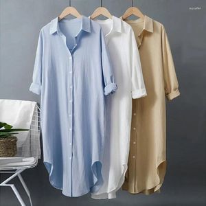Blouses pour femmes 2023 printemps vêtements coréens été Vintage lin coton mi-longue robe chemise blanche pour femmes Chic hauts chemises