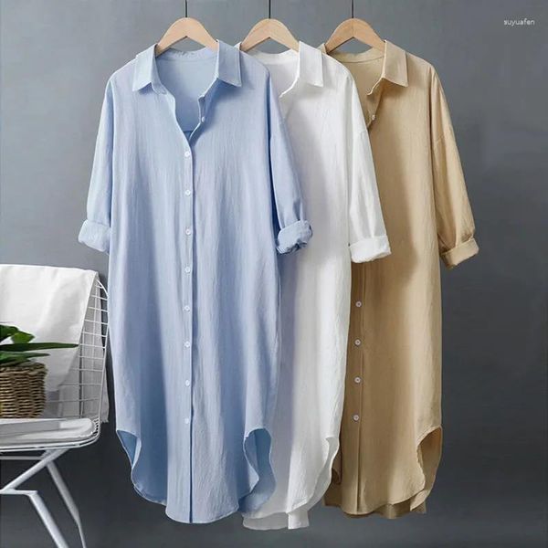 Blusas para mujer, ropa coreana de primavera 2023, vestido camisero blanco de longitud media de algodón y lino Vintage para verano, camisetas elegantes para mujer