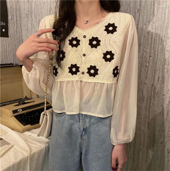 Blusas de mujer 2023 primavera moda coreana elegante blusa de encaje Floral mujeres Tops y gasa Crochet ahueca hacia fuera Boho ropa camisas