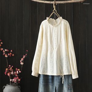 Women's Blouses 2023 Spring Shirred Stand Collar Women Shirts Casual All-match Flower Jacquard Cotton Linen Tops en White Beige