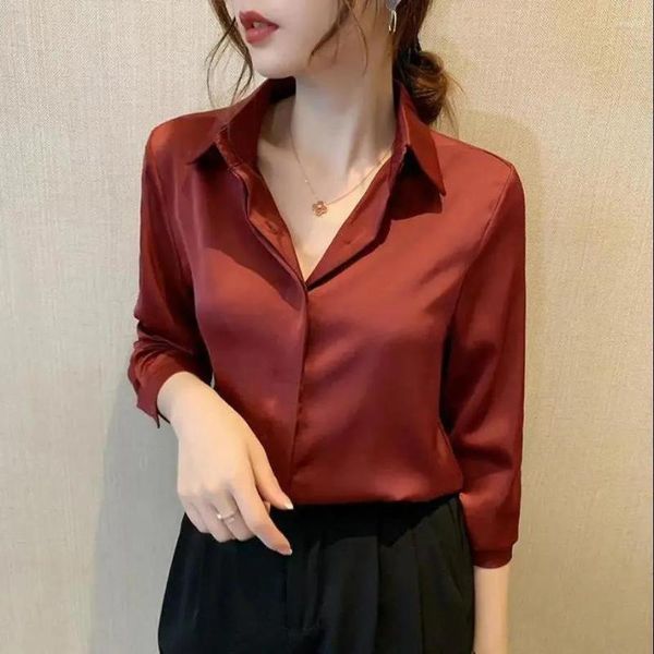 Blouses pour femmes 2023 printemps chemises Satin Blouse femmes à manches longues chemise en soie vin rouge OL femme solide Chic dames hauts A777