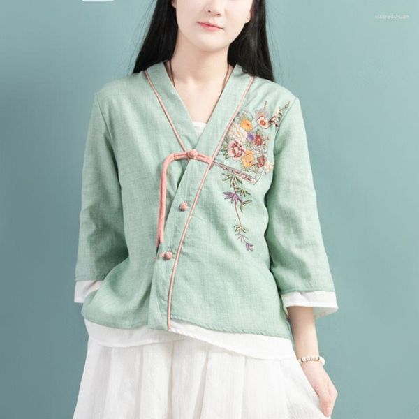 Blusas para mujeres 2023 Camisa de doble capa de algodón de primavera/verano Camisa vintage Estilo chino Botón diagonal Topas bordadas con cuello en V Z1059