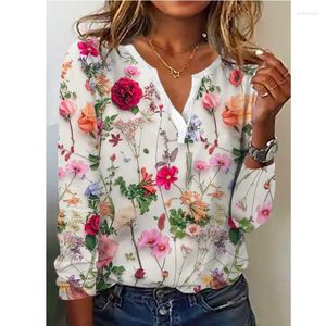 Blouses pour femmes 2023 printemps été rose bleu imprimé fleuri Blouse hauts Mujer décontracté bureau femmes loisirs à manches longues tuniques