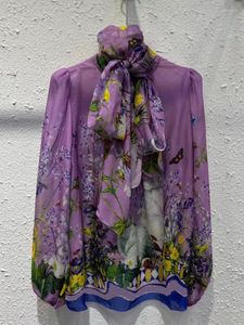 Blouses pour femmes 2023 printemps été soie femmes chemise col écharpe mode violet fleur impression Elagnt dame haute rue