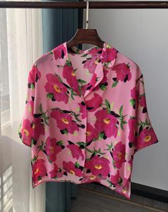 Women's Blouses 2023 Lente zomer zoete dames hoge kwaliteit bloemenprint zijden roze korte mouwen shirt tops c451