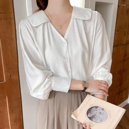Women's Blouses 2023 Spring V-Neck Puff Sleeve Blouse Women Fashion Simple Korean Long Shirt Solid Color High Low Hem Loose Tops Vrouw