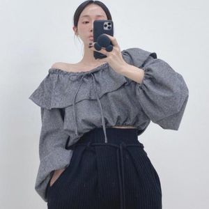 Women's Blouses 2023 Spring Women One Word Collar Ruffle Long Lantern Sleeve Korte vrouwelijke vintage sexy tops Koreaanse blusas plaid shirts