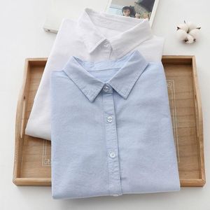 Women's Blouses 2023 Spring Women Oxford Shirts Blue White Lady Lady Tops Cotton Vrouw uit de lange mouwen