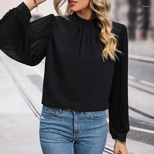 Blouses pour femmes 2023 Collier de support en vrac Simple Black Shirt Femmes Vintage Plié Lantern Long Manche à manches longues Casual Ladies Elegant Tops 30142