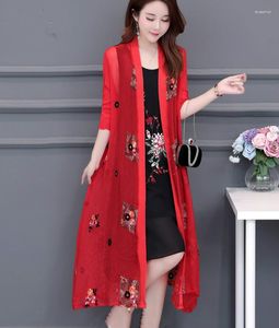 Blouses pour femmes 2023 été 3/4 manches broderie en mousseline de soie Kimonos femmes Chinse Style chemises rouges dame Plus haut long