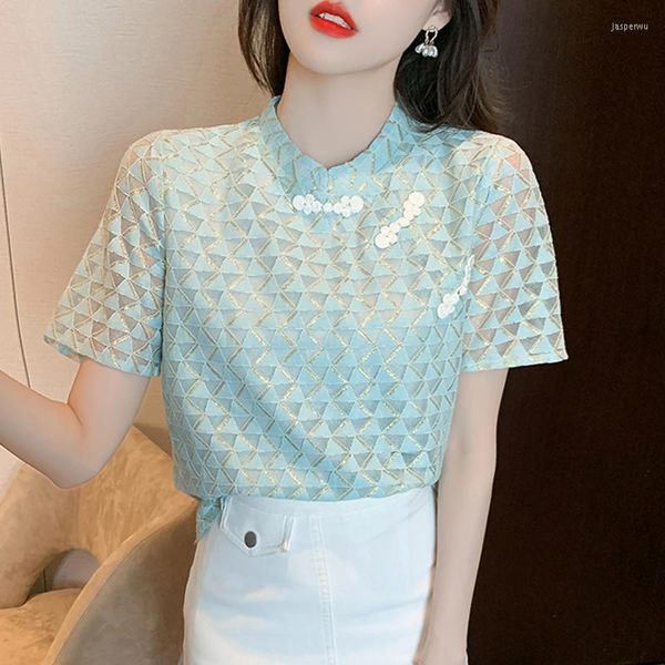 Blusas de mujer 2023 verano Chic disco botón cómodo señoras camisa Retro moda elegante diseño encaje mejorado Cheongsam blusa