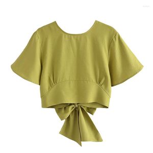 Damesblouses 2023 zomerkleding met rugopening ontwerp ronde hals shirt met korte mouwen strik decoratie korte stijl top
