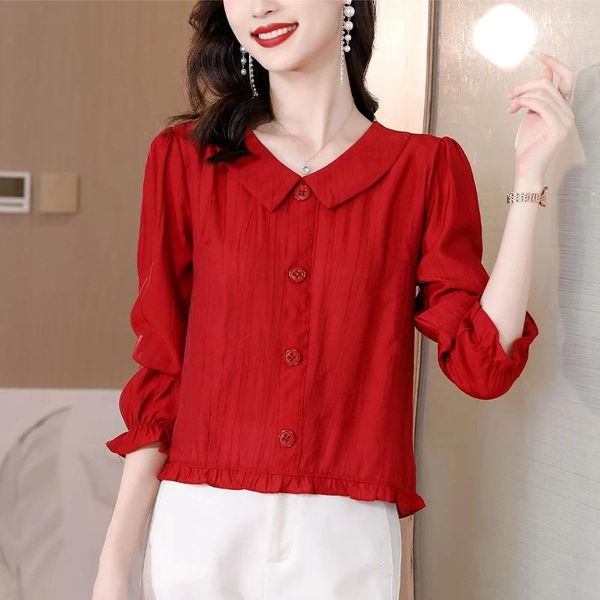 Blusas para mujeres 2023 Lino de algodón de verano Coloque de cuello de muñeca de un solo pecho Camiseta de siete puntos de mediana edad Tops T434