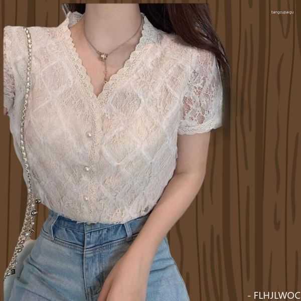 Blusas de mujer 2023 verano lindo dulce Tops S mujeres coreano Japón estilo Preppy niñas manga corta Blusa de encaje camisas con botones 3115