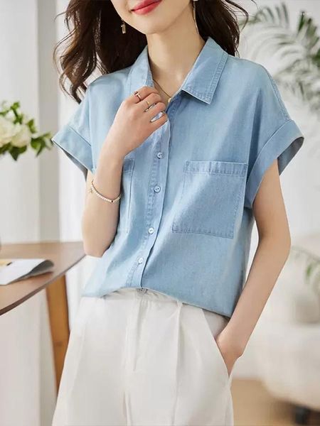 Blusas de mujer 2023 camisas de mezclilla de verano para mujer Tops de algodón de manga corta bolsillos de solapa azul sólido ropa Casual femenina