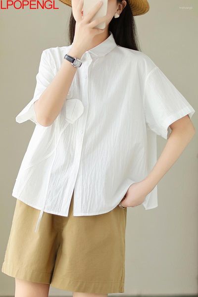 Blusas de mujer 2023 Diseño de verano Sensación Pequeña flor estereoscópica Color sólido Versátil Camisa suelta de manga corta Top