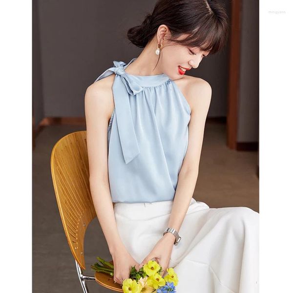 Blusas de mujer 2023 verano elegante moda simple francés vintage temperamento glaciar azul sin mangas cuello colgante camisas de mujer top Z312