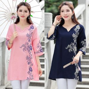 Blouses pour femmes 2023 été ethnique rétro fleuri brodé coton col en v Boho trois quarts manches Blouse Vintage hauts Femininas Blusa